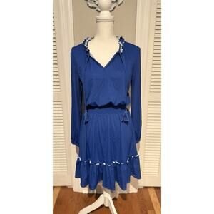 Cabana Life Smocked Waist Dress Tiered Ruffle Skirt & Tassel Ties Blue Medium